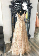 Evening Dresses Formal, Champagne V-Neck Sequins Long Prom Dresses, A-Line Evening Dresses