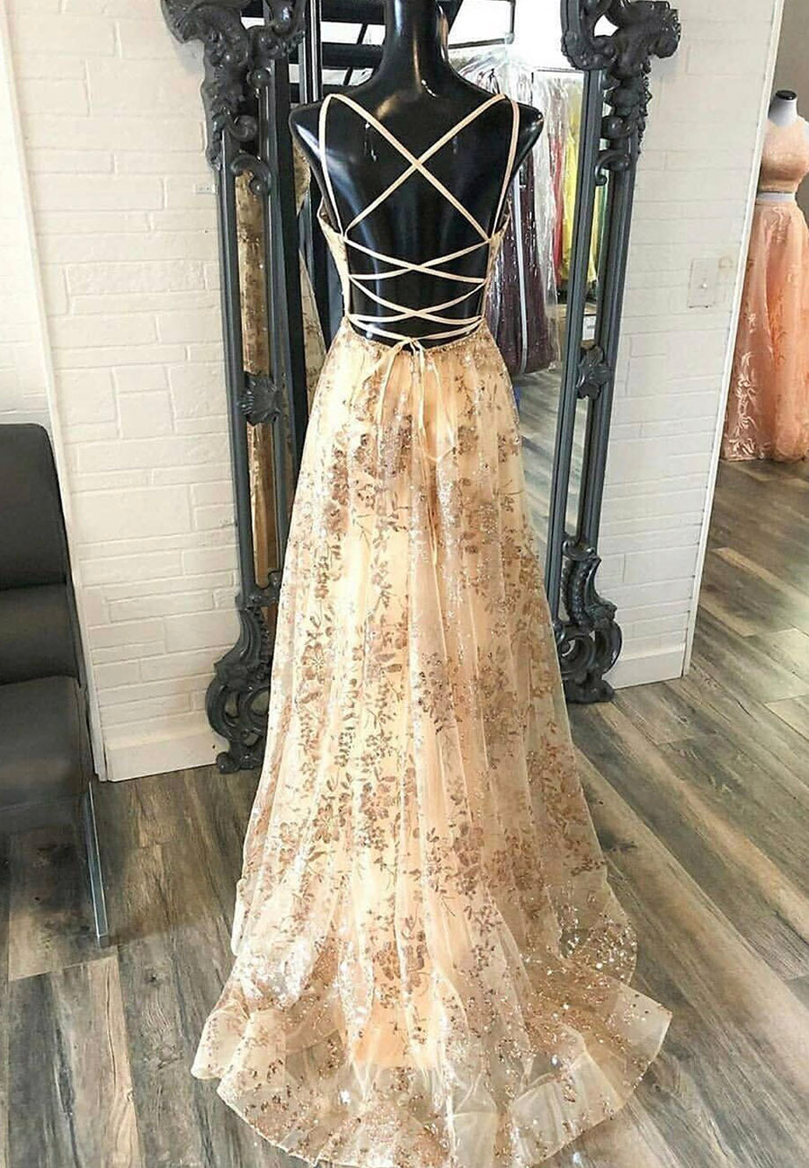 Evening Dress Formal, Champagne V-Neck Sequins Long Prom Dresses, A-Line Evening Dresses