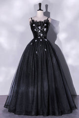 Bridesmaids Dress Black, Black Tulle Long A-Line Evening Gown, Black Spaghetti Strap Evening Gown