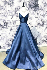 Bridesmaids Dresses Black, A Line Blue Spaghetti Straps Satin Prom Dresses, V Neck Blue Sexy Evening Party Dress