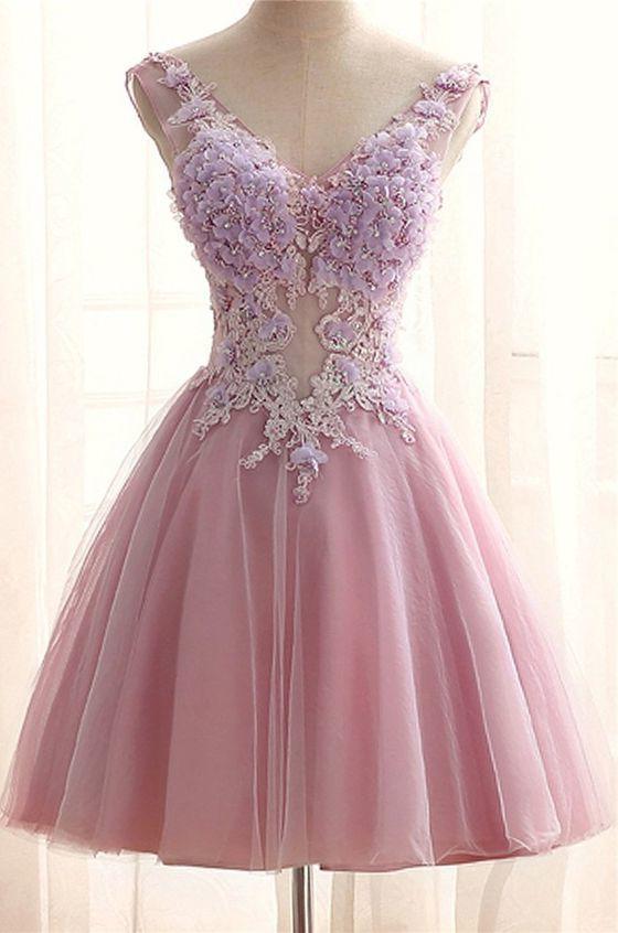 Party Dress Brands Usa, Chic V Neck Pink Tulle Applique Flower See Through Short Prom Dress