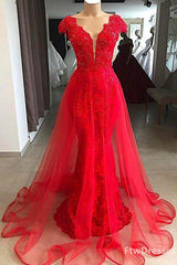 Silk Dress, red lace cap sleeve long v neck formal prom dress beaded evening dress
