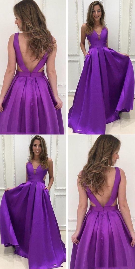 Party Dresses Casual, A Line Deep V Neck Backless Purple Satin Prom Dress With Pockets