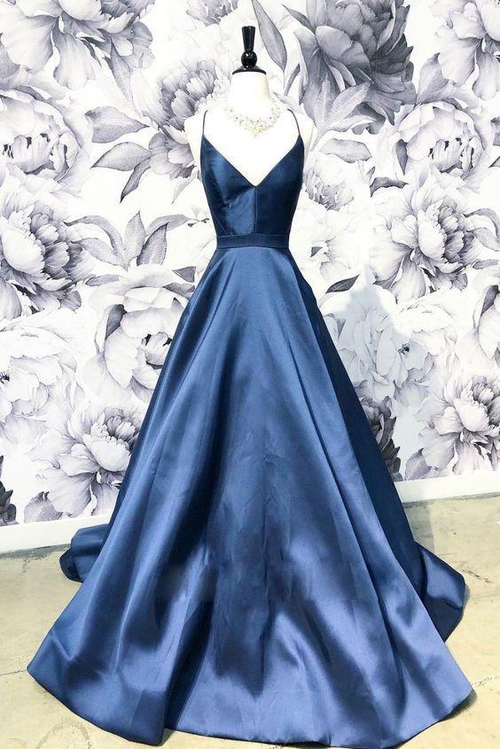 Bridesmaid Dress Black, A Line Blue Spaghetti Straps Satin Prom Dresses, V Neck Blue Sexy Evening Party Dress