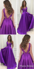 Party Dress Party, A Line Deep V Neck Backless Purple Satin Prom Dress With Pockets