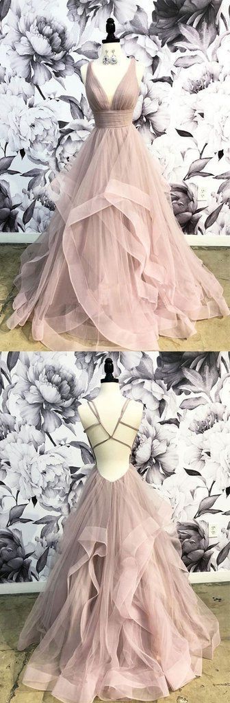 Party Dress Prom, Champagne V Neck Tulle Long Prom Dress, Tulle Evening Dress