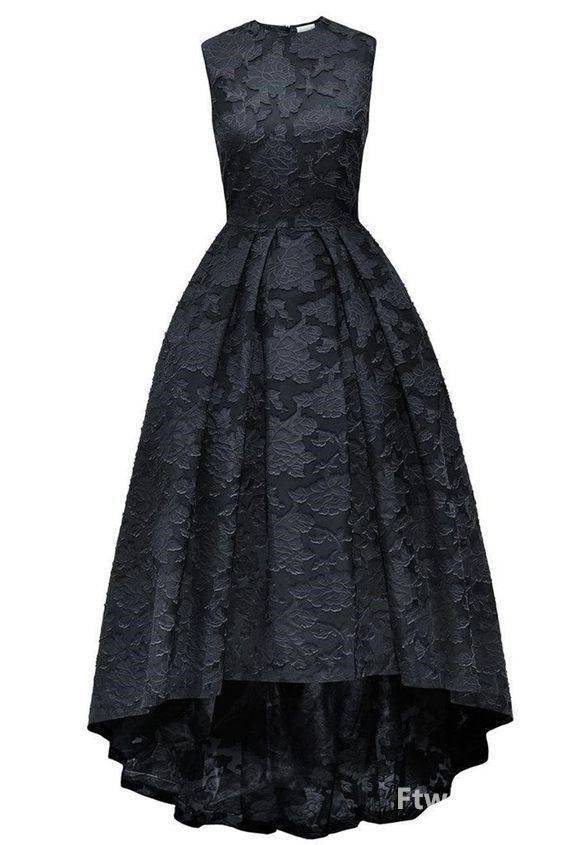 Fairytale Dress, black lace round neck high low sleeveless a line long prom dress evening dresses