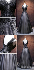 Party Dress Renswoude, Chic A Line V Neck Floor Length Tulle Black Applique Long Prom Dress, Evening Dress