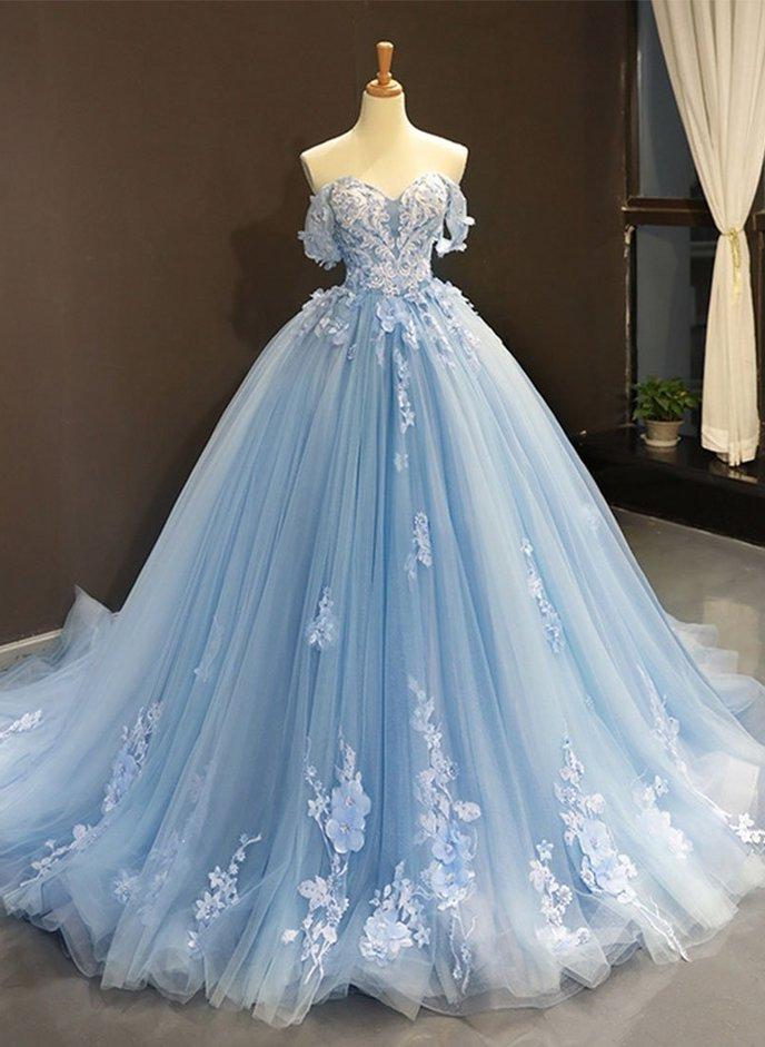 Party Dress Code, Blue Tulle Lace Long Prom Gown Blue Evening Dress