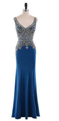 Long Dress, long mermaid evening gown with luxurious beaded crystal v neck strapless gown