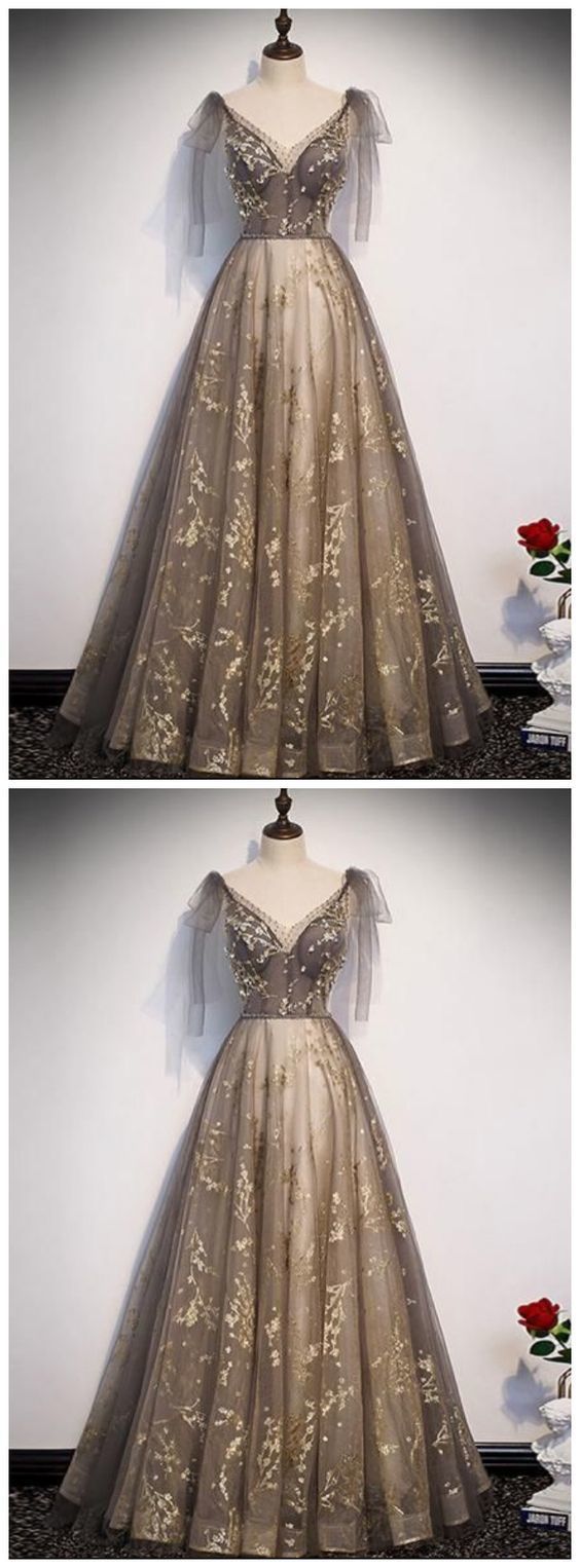 Bridesmaid Dresses Dark Green, Elegant V Neck Gray Gold Tulle Lace Long Prom Dress, Tulle Formal Dress