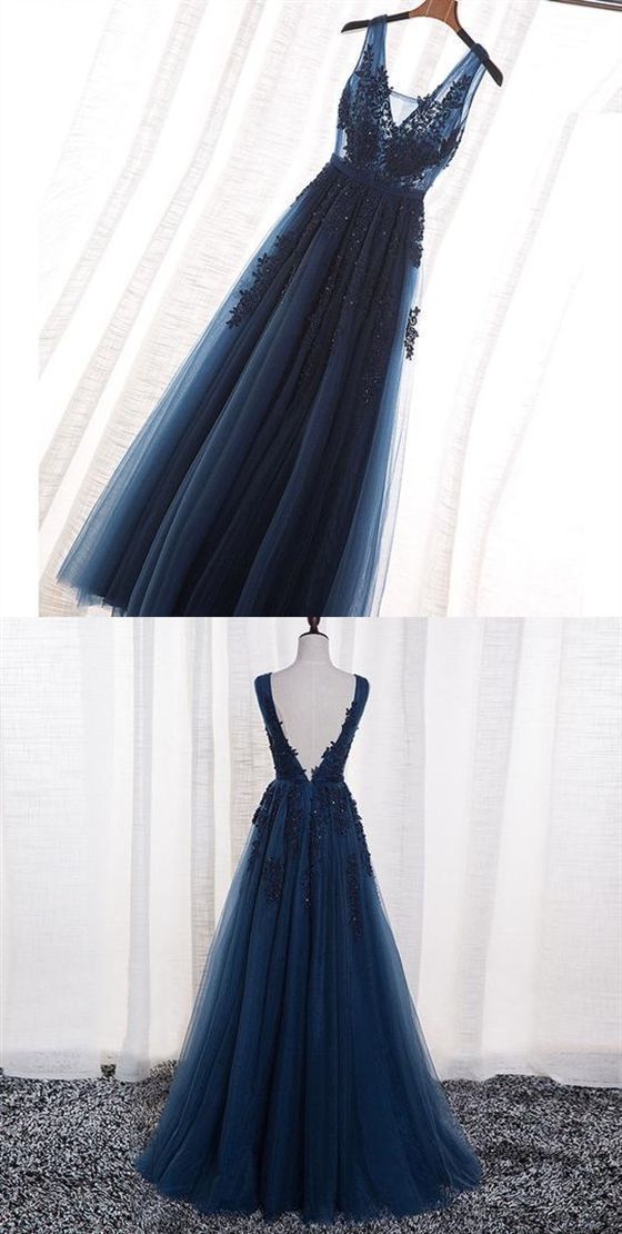 Party Dress Codes, Elegant Navy Blue Prom Dress, Long Backless Prom Dress, Prom Dress With Appliques