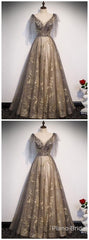 Bridesmaid Dress Dark Green, Elegant V Neck Gray Gold Tulle Lace Long Prom Dress, Tulle Formal Dress