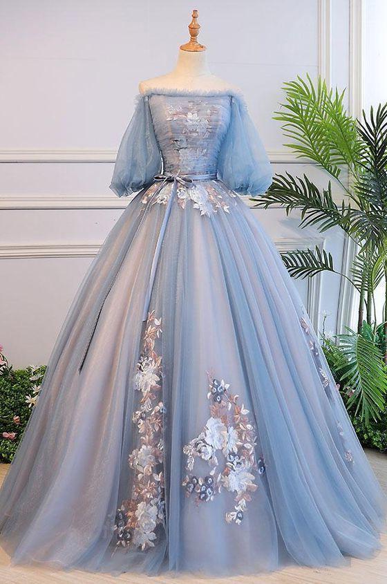 Party Dresses Outfits Ideas, Unique Blue Tulle Lace Long Prom Dress, Blue Evening Dress