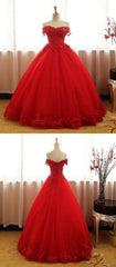 Party Dresses Black, A Line Red Ball Gown Tulle Off Shoulder Long Prom Dresses