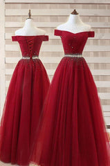 Party Dresses Designs, Burgundy A Line Off The Shoulder Sweetheart Prom Dresses, Beads Evening Dresses