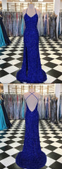 Party Dresses Night, Sparkly Prom Dresses With Slit Sheath Short Train Long Royal Blue Prom Dress