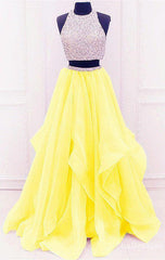 Semi Formal Dress, yellow prom dresses two piece prom dresses Tow pieces prom dresses sparkle prom dresses