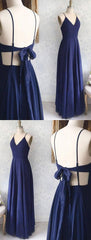 Party Dress Fall, Great Evening Dresses, Backless Sexy Spaghetti Straps Backless Navy Blue Chiffon A Line Floor Length Prom Dress