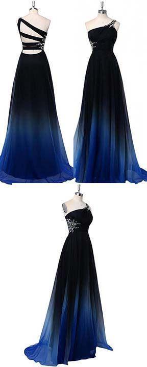 Party Dress For Ladies, Ombre A Line One Shoulder Beading Chiffon Prom Dress, Gradient Formal Dress
