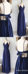 Party Dresses With Sleeves, Great Evening Dresses, Backless Sexy Spaghetti Straps Backless Navy Blue Chiffon A Line Floor Length Prom Dress
