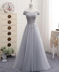 Bridesmaids Dress Shopping, Gray A Line Lace Off Shoulder Prom Dress, Lace Evening Dresses