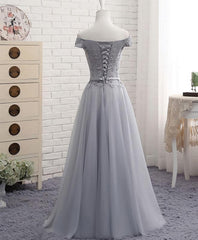 Bridesmaid Dresses Shop, Gray A Line Lace Off Shoulder Prom Dress, Lace Evening Dresses
