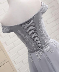 Bridesmaid Dresses Shops, Gray A Line Lace Off Shoulder Prom Dress, Lace Evening Dresses