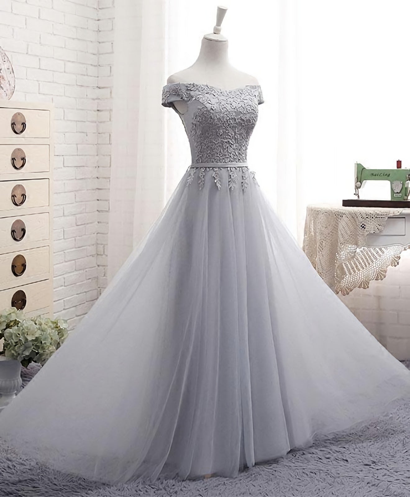 Bridesmaid Dress Shopping, Gray A Line Lace Off Shoulder Prom Dress, Lace Evening Dresses
