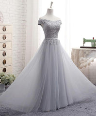 Bridesmaid Dress Shopping, Gray A Line Lace Off Shoulder Prom Dress, Lace Evening Dresses