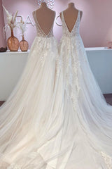 Wedding Dresses Cost, Glamorous Long A-Line Open Back Tulle Appliques Lace Wedding Dress