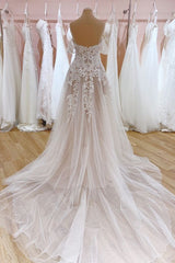 Wedding Dresses With Straps, Glamorous Long Mermaid Bateau Appliques Lace Tulle Wedding Dress