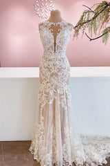 Wedding Dress With Strap, Glamorous Long Mermaid Bateau Appliques Lace Tulle Wedding Dress