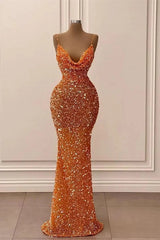 Silk Dress, Glamorous Long Mermaid Spaghetti Straps Sequined Formal Prom Dresses