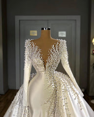 Wedding Dress Beautiful, Glamorous Long Sleeve Pearls Wedding Dress V-Neck With Detachable Train Online