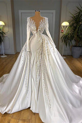 Wedding Dress With Covered Back, Glamorous Long Sleeve Pearls Wedding Dress V-Neck With Detachable Train Online