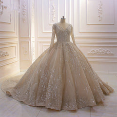 Wedding Dresses 2025 Trends, Glamorous Long Sleeve V-neck Sequin Beading Ball Gown Wedding Dress