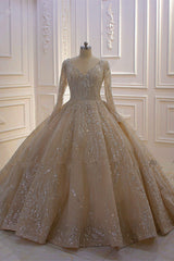Wedding Dress With Lace, Glamorous Long Sleeve V-neck Sequin Beading Ball Gown Wedding Dress