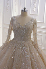 Wedding Dress With Lacing, Glamorous Long Sleeve V-neck Sequin Beading Ball Gown Wedding Dress