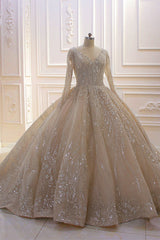 Wedding Dresses White, Glamorous Long Sleeve V-neck Sequin Beading Ball Gown Wedding Dress