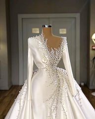 Wedding Dress Strapless, Glamorous Long Sleeves Pearls Wedding Dresses Mermaid With Detachable Train