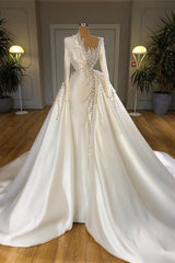 Wedding Dresses, Glamorous Long Sleeves Pearls Wedding Dresses Mermaid With Detachable Train