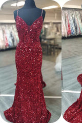 Formal Dresses Lace, Glittery Mermaid Red Sequin V-Neck Lace-Up Back Prom Dress Gala Gown