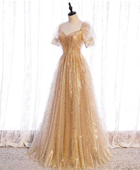 Summer Dress, Gold Aline Tulle V Neck Long Prom Dress, Gold Formal Dresses