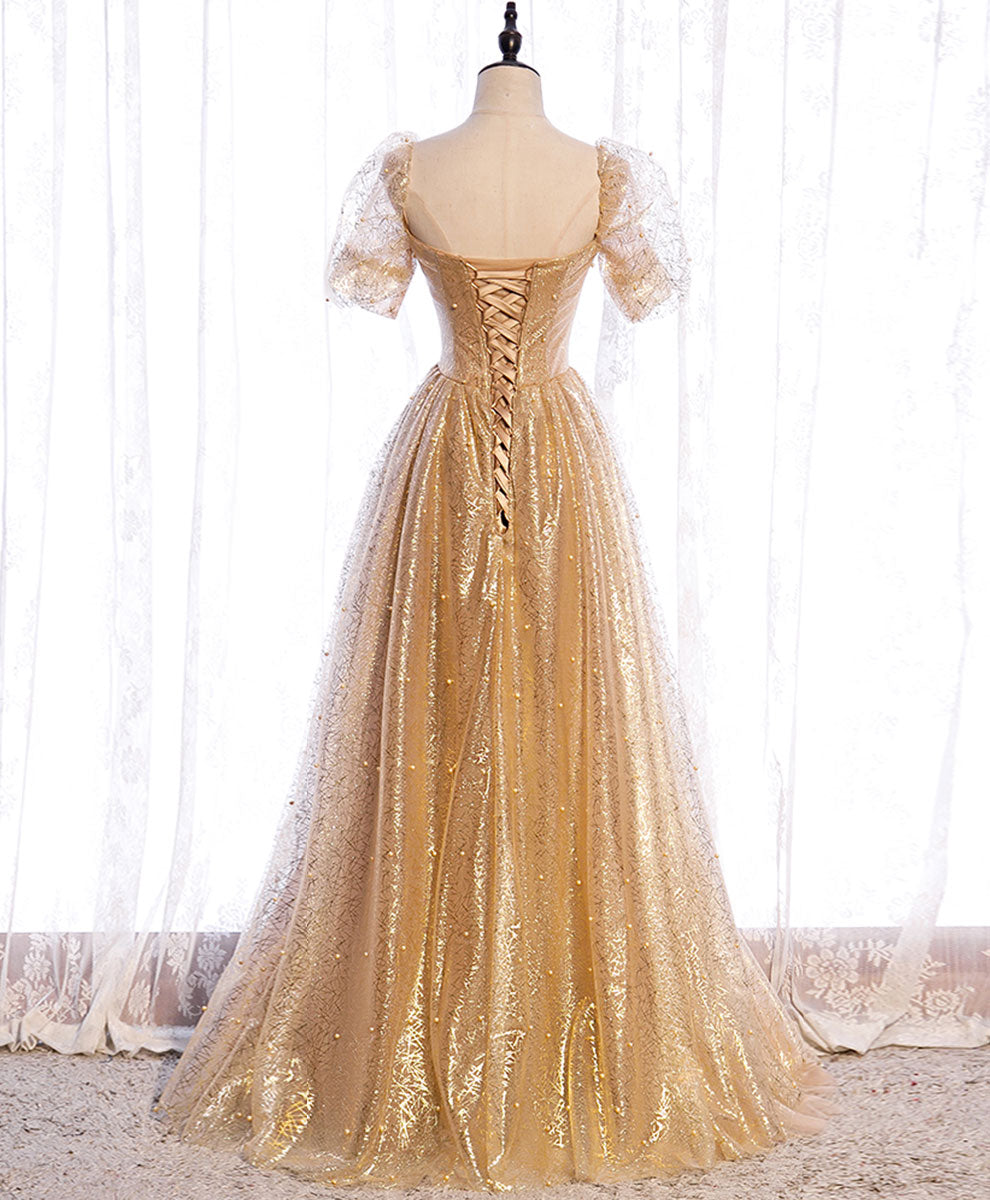 Prom Dresses Two Piece, Gold Aline Tulle V Neck Long Prom Dress, Gold Formal Dresses