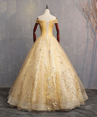 Bridesmaid Dresses Website, Gold Tulle Off Shoulder Lace Long Prom Dress Tulle Formal Dress