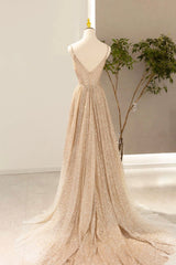 Prom Dress Colorful, Gold V-Neck Sequins Long Prom Dress, Shiny A-Line Evening Formal Dress