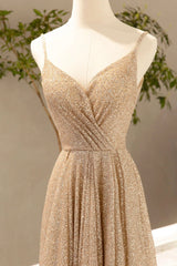 Prom Dress 2022, Gold V-Neck Sequins Long Prom Dress, Shiny A-Line Evening Formal Dress