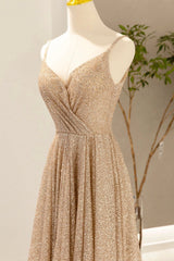 Prom Dresses 2022, Gold V-Neck Sequins Long Prom Dress, Shiny A-Line Evening Formal Dress