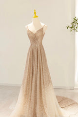 Prom Dresses Colors, Gold V-Neck Sequins Long Prom Dress, Shiny A-Line Evening Formal Dress